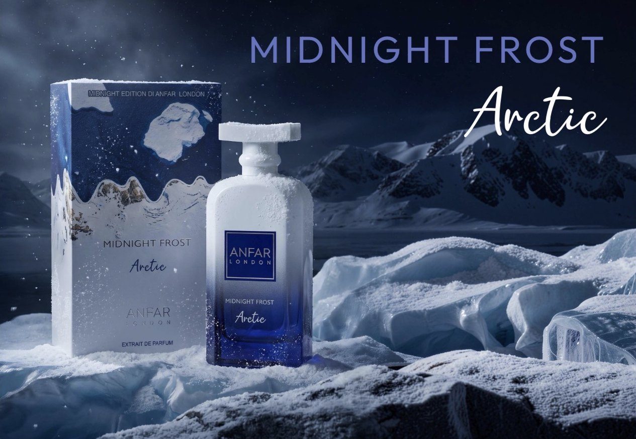 Midnight Frost Arctic bottle and box on snow-covered ice in front of arctic mountains