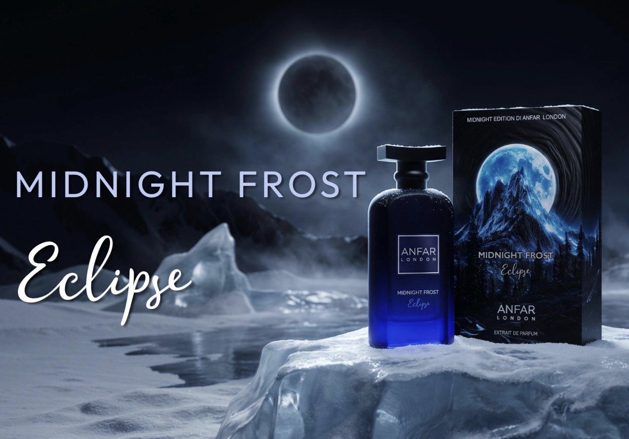 Midnight Frost Eclipse bottle and box on an ice floe beneath a solar eclipse