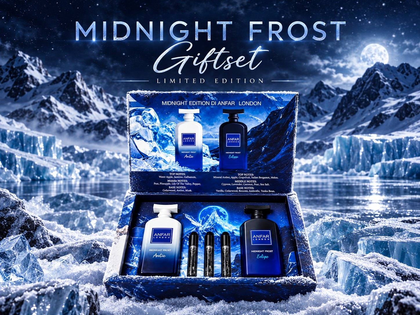 Midnight Frost Limited Edition Gift Set: Arctic and Eclipse with three mini vials in an open box on arctic ice