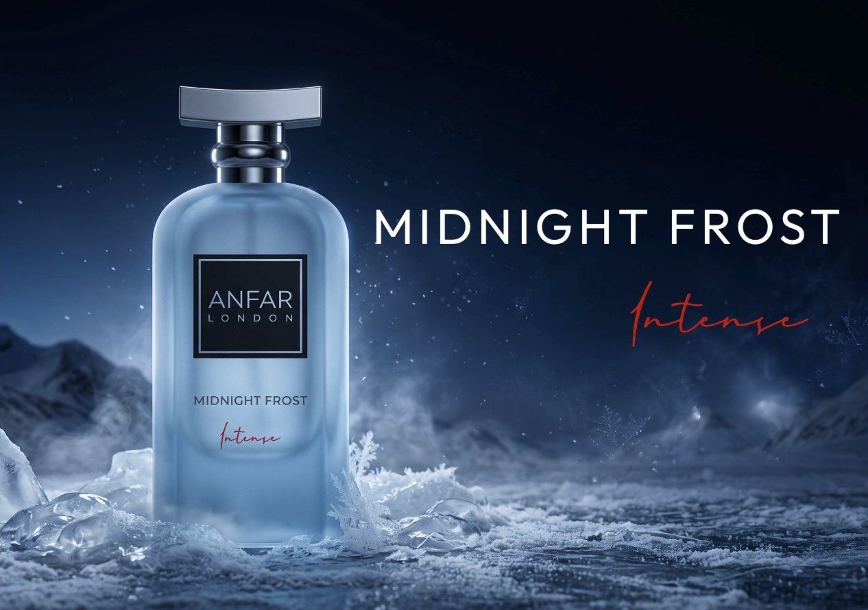 Midnight Frost Intense bottle on frozen ground under a night sky
