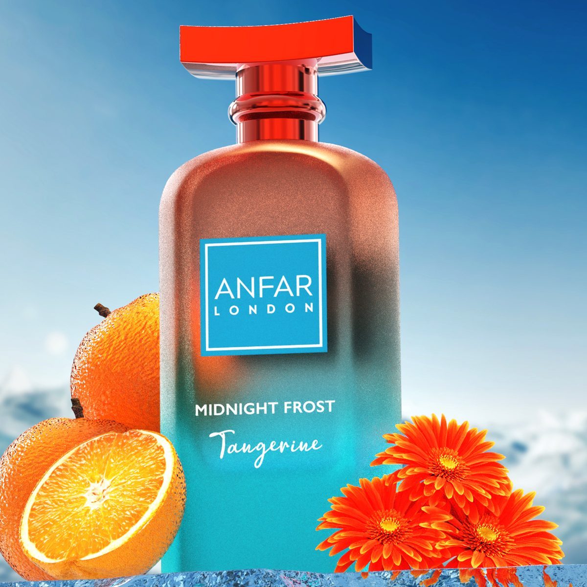 Midnight Frost Tangerine bottle with oranges on ice