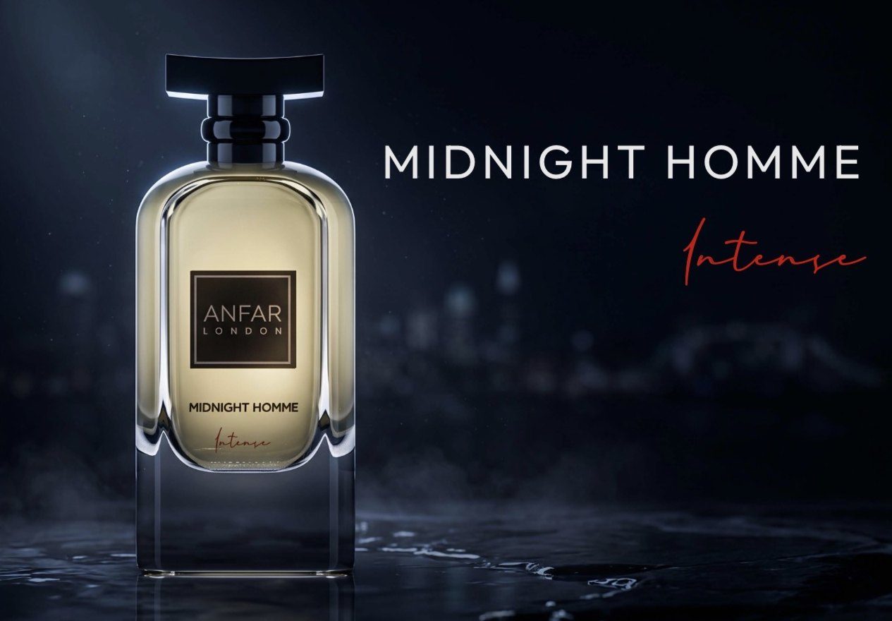 Midnight Homme Intense bottle glowing on wet stone at night