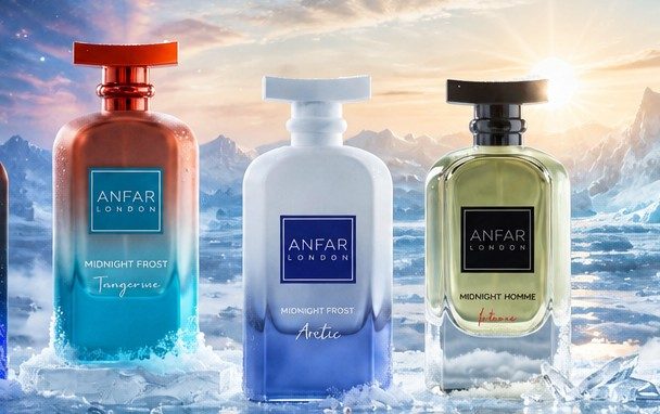 Midnight Frost Tangerine, Midnight Frost Arctic and Midnight Homme Intense on arctic ice at sunrise